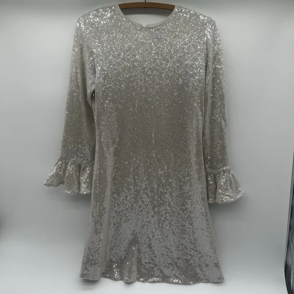 J.Crew Collection Silver Sequin Ruffle Sleeve Shift Dress Size 0‎ Party Cocktail